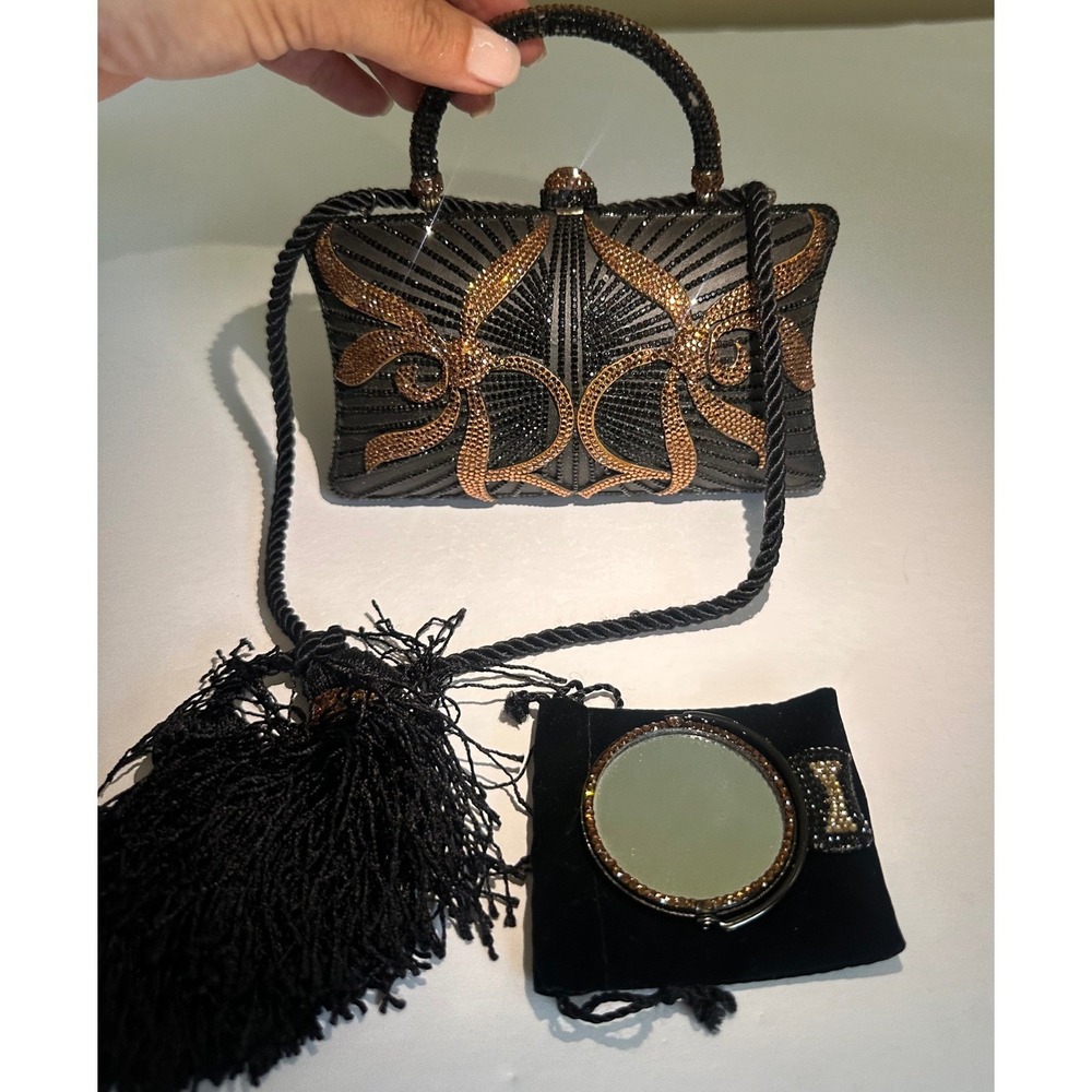 Tatiana Zinovoy Mini Rhinestone Evening Bag Black Bronze Art Deco Tassel Purse
